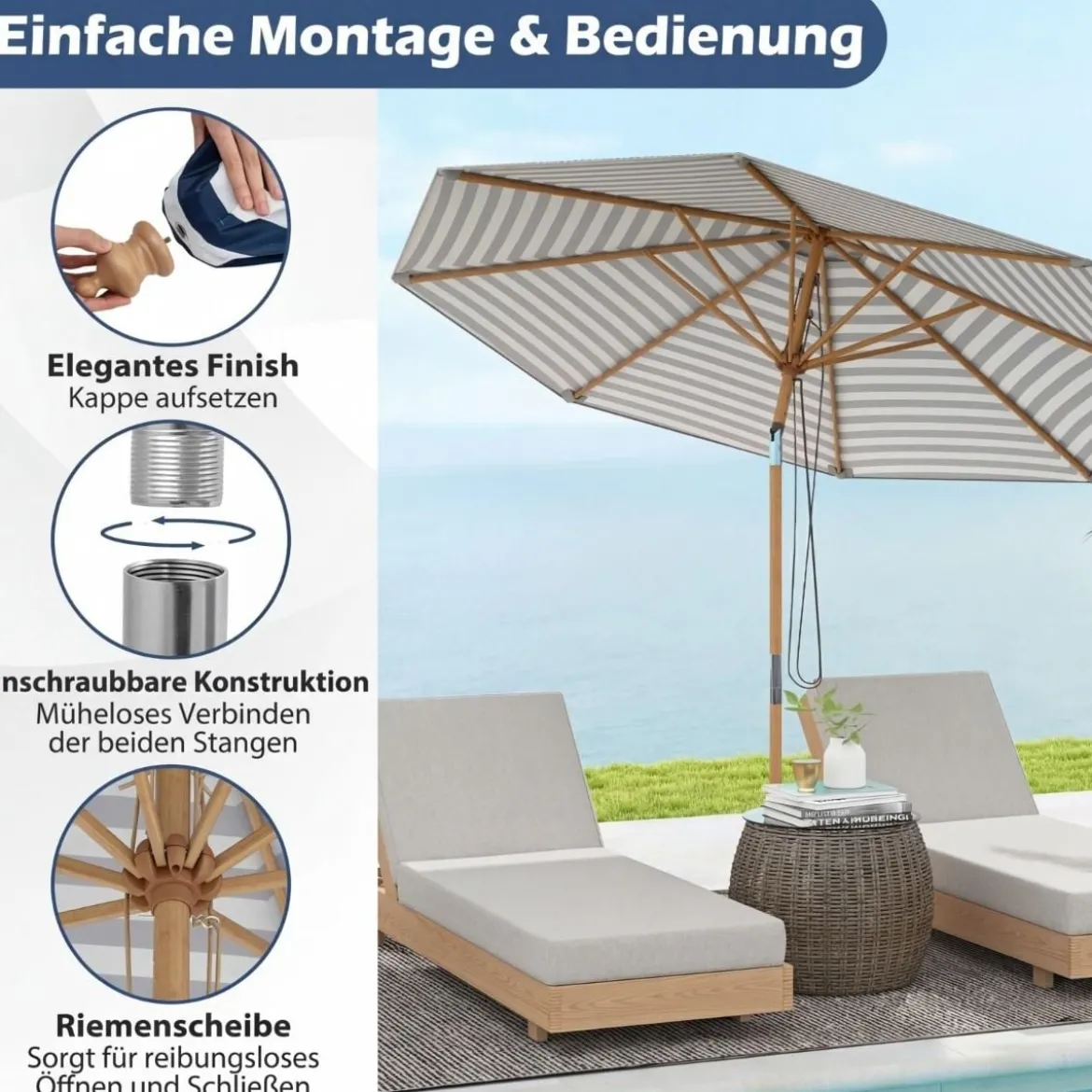 270 cm Sonnenschirm Beidseitig um 30° Knickbar Holz Gartenschirm Beige/Khaki Tan/Blau + Weiß Gestreift