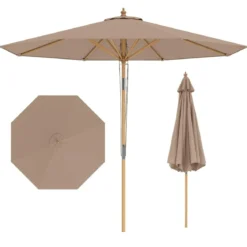 270 cm Sonnenschirm Beidseitig um 30° Knickbar Holz Gartenschirm Beige/Khaki Tan/Blau + Weiß Gestreift