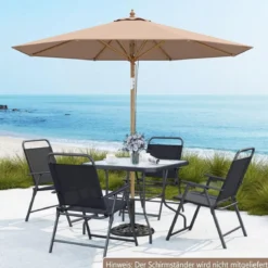 270 cm Sonnenschirm Beidseitig um 30° Knickbar Holz Gartenschirm Beige/Khaki Tan/Blau + Weiß Gestreift