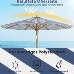 270 cm Sonnenschirm Beidseitig um 30° Knickbar Holz Gartenschirm Beige/Khaki Tan/Blau + Weiß Gestreift