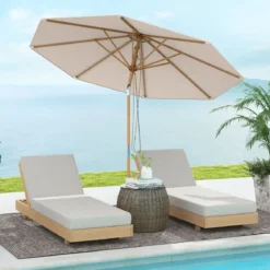 270 cm Sonnenschirm Beidseitig um 30° Knickbar Holz Gartenschirm Beige/Khaki Tan/Blau + Weiß Gestreift