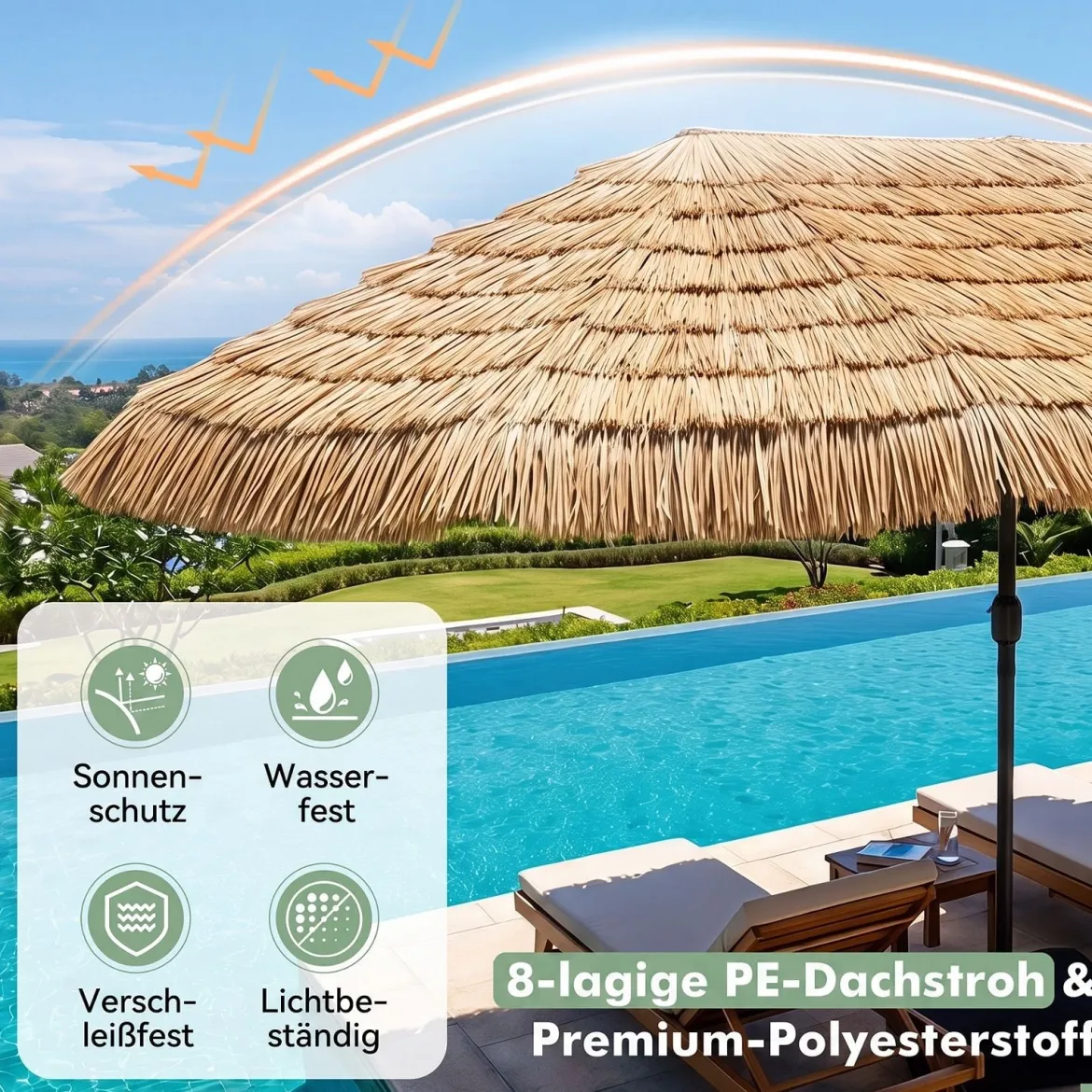 450 cm Sonnenschirm Hawaii Strohschirm mit Kurbel & 12 Metallrippen Gartenschirm mit Sonnenschutz Braun