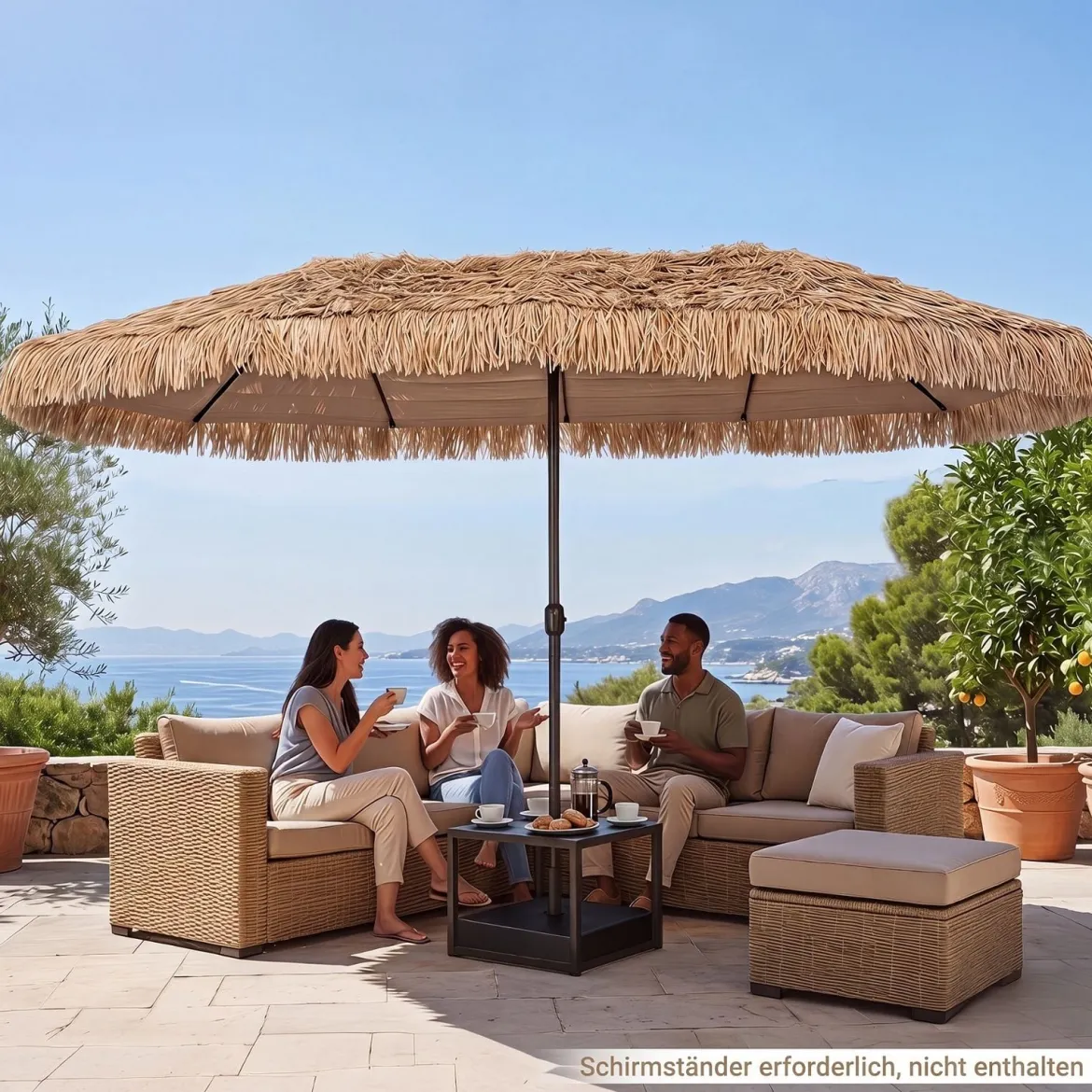 450 cm Sonnenschirm Hawaii Strohschirm mit Kurbel & 12 Metallrippen Gartenschirm mit Sonnenschutz Braun
