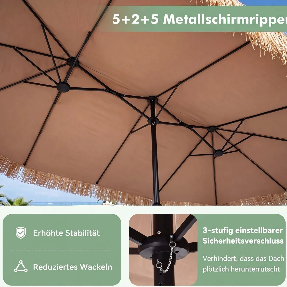 450 cm Sonnenschirm Hawaii Strohschirm mit Kurbel & 12 Metallrippen Gartenschirm mit Sonnenschutz Braun