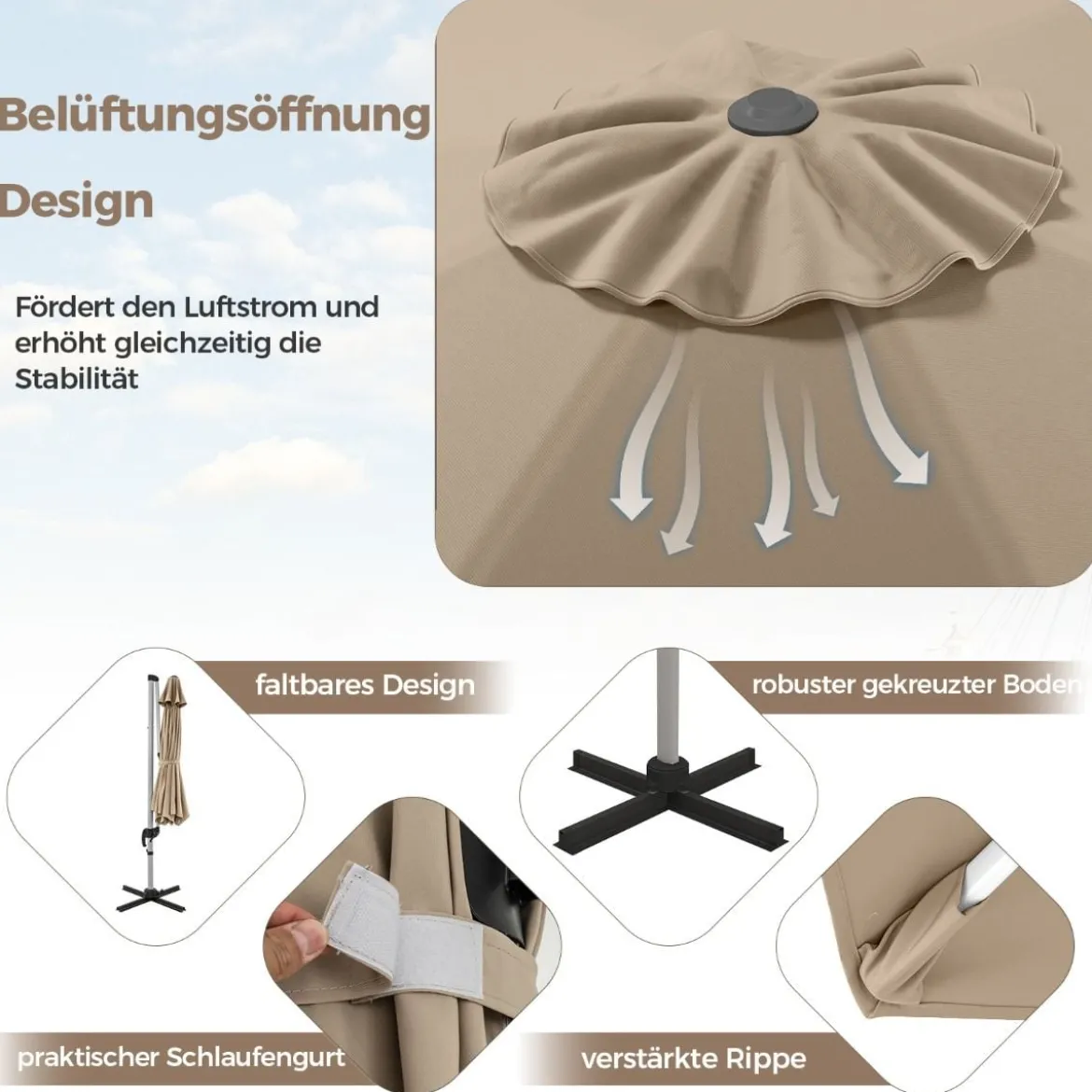 Ø 330 cm Sonnenschirm mit Kurbel & UPF 50+ um 360° Drehbarer Ampelschirm Gartenschirm