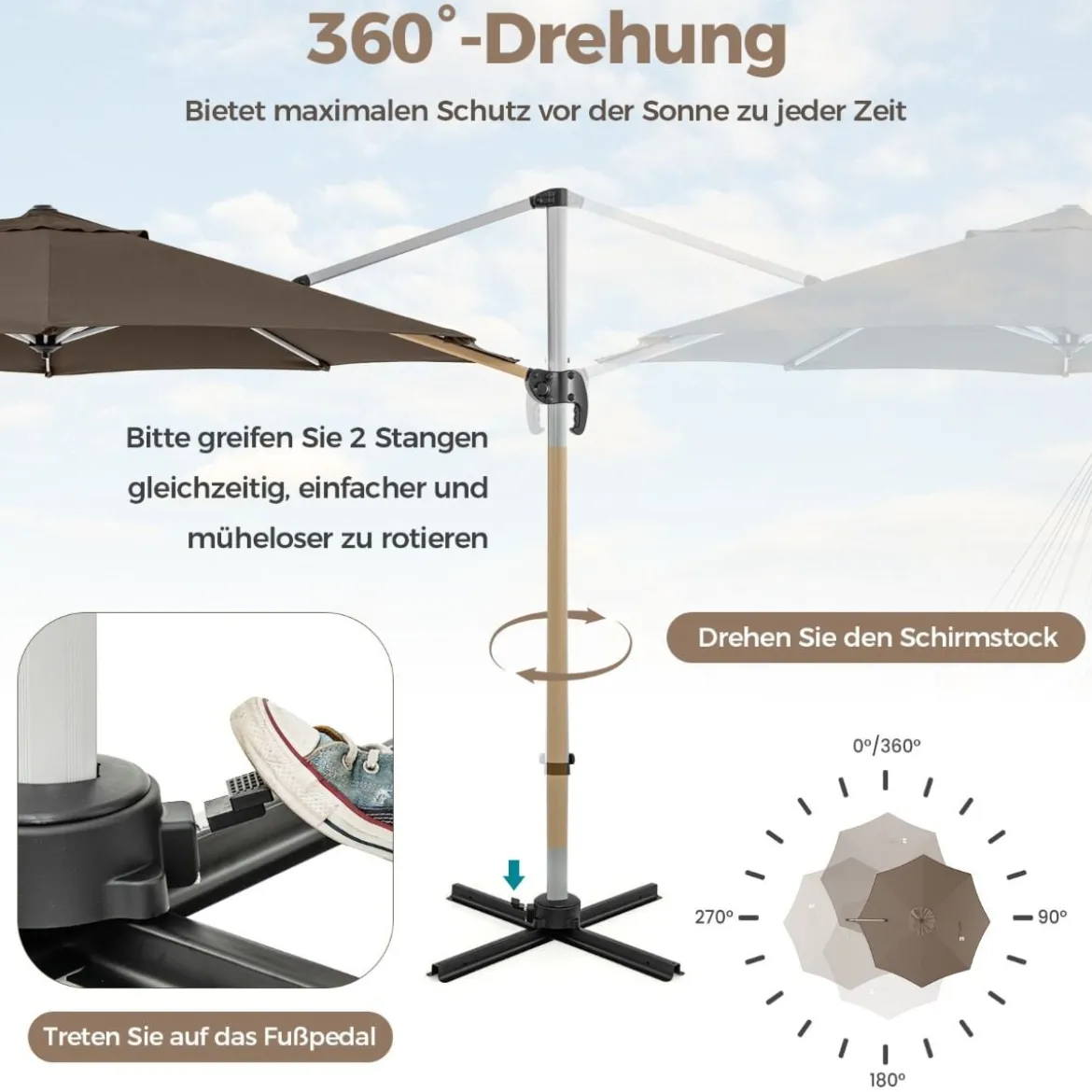 Ø 330 cm Sonnenschirm mit Kurbel & UPF 50+ um 360° Drehbarer Ampelschirm Gartenschirm