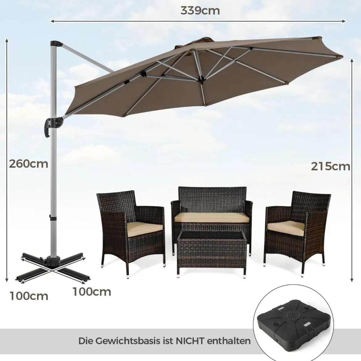 Ø 330 cm Sonnenschirm mit Kurbel & UPF 50+ um 360° Drehbarer Ampelschirm Gartenschirm