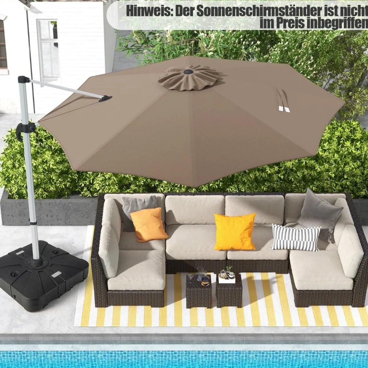 Ø 330 cm Sonnenschirm mit Kurbel & UPF 50+ um 360° Drehbarer Ampelschirm Gartenschirm