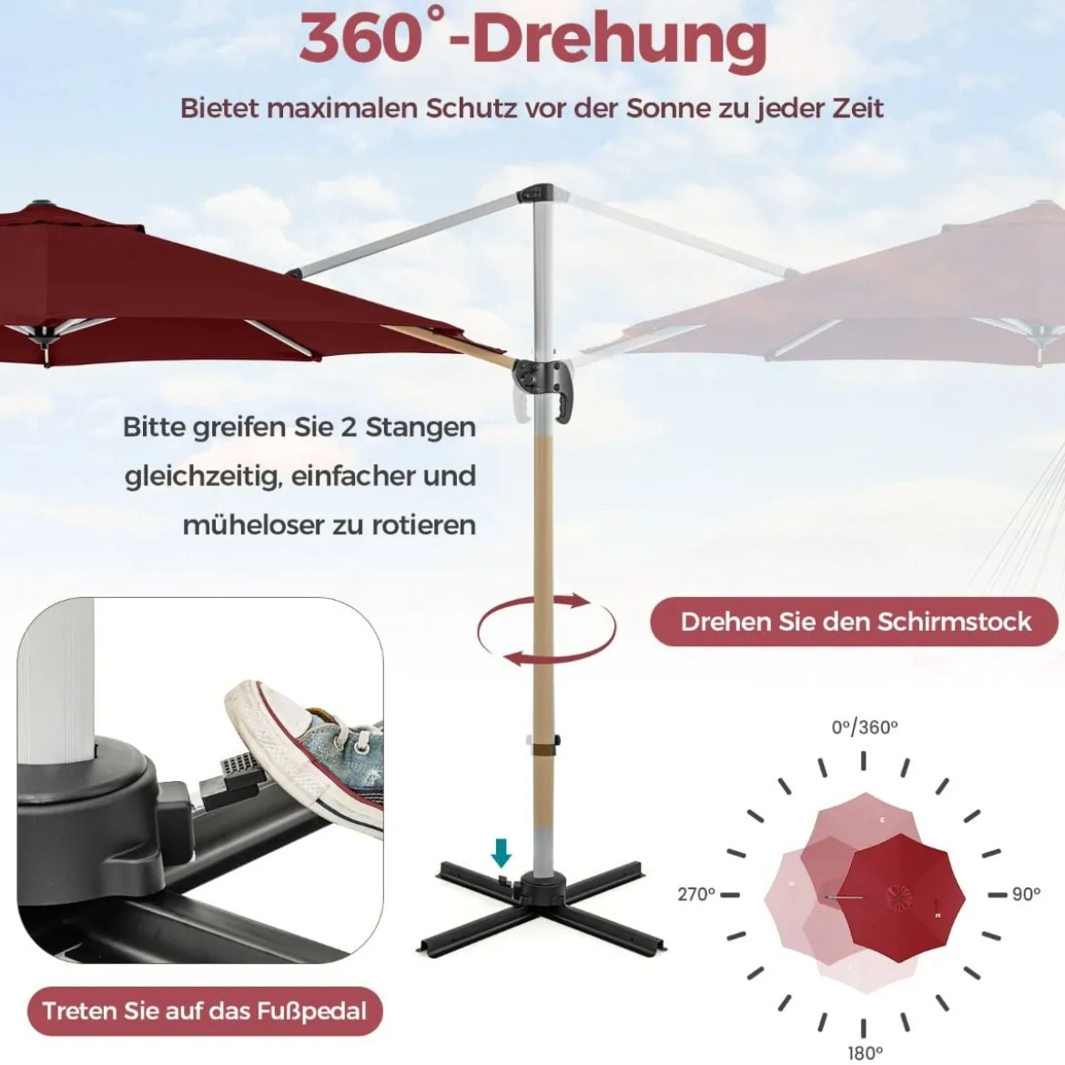 Ø 330 cm Sonnenschirm mit Kurbel & UPF 50+ um 360° Drehbarer Ampelschirm Gartenschirm
