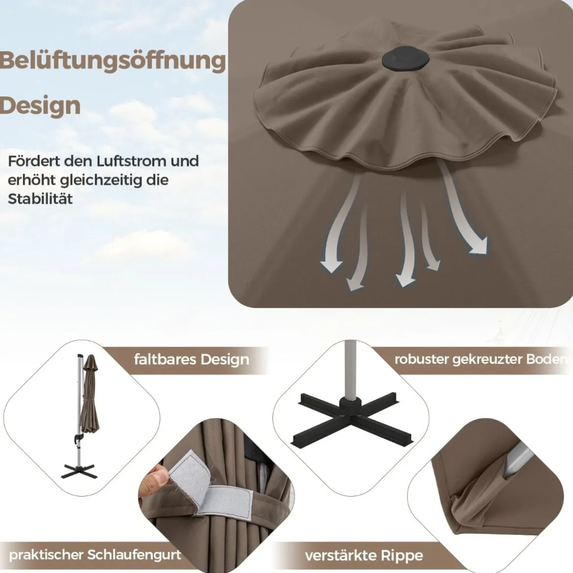 Ø 330 cm Sonnenschirm mit Kurbel & UPF 50+ um 360° Drehbarer Ampelschirm Gartenschirm