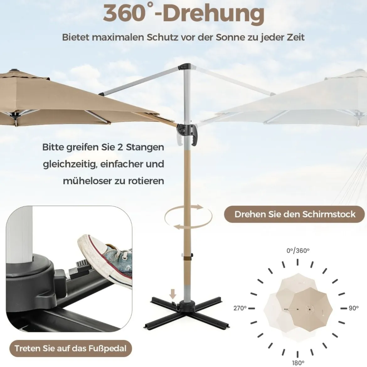 Ø 330 cm Sonnenschirm mit Kurbel & UPF 50+ um 360° Drehbarer Ampelschirm Gartenschirm