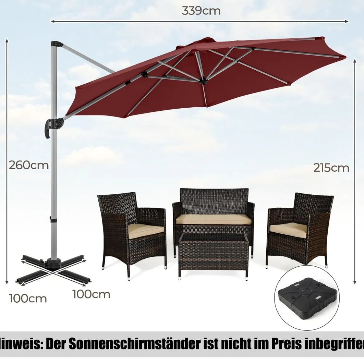 Ø 330 cm Sonnenschirm mit Kurbel & UPF 50+ um 360° Drehbarer Ampelschirm Gartenschirm