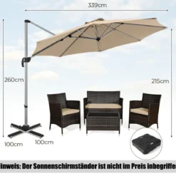 Ø 330 cm Sonnenschirm mit Kurbel & UPF 50+ um 360° Drehbarer Ampelschirm Gartenschirm
