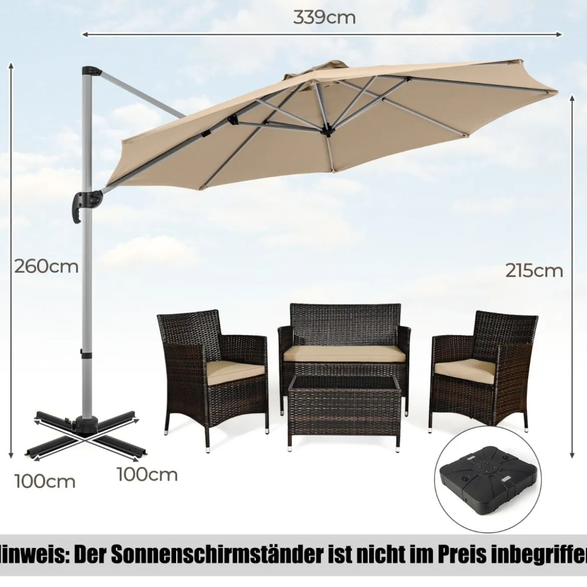 Ø 330 cm Sonnenschirm mit Kurbel & UPF 50+ um 360° Drehbarer Ampelschirm Gartenschirm