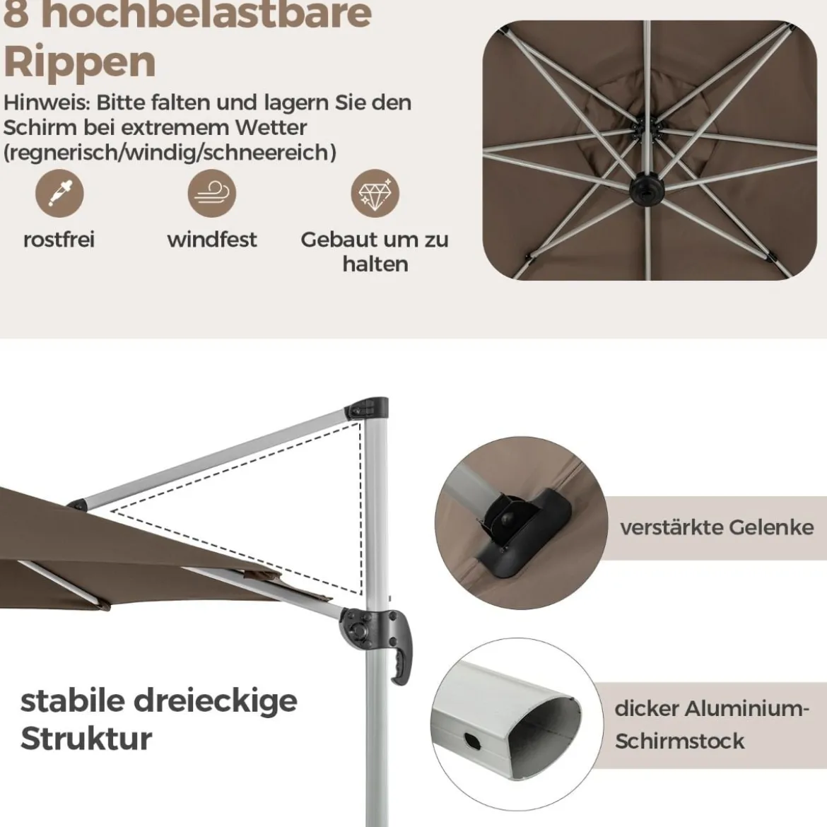 Ø 330 cm Sonnenschirm mit Kurbel & UPF 50+ um 360° Drehbarer Ampelschirm Gartenschirm