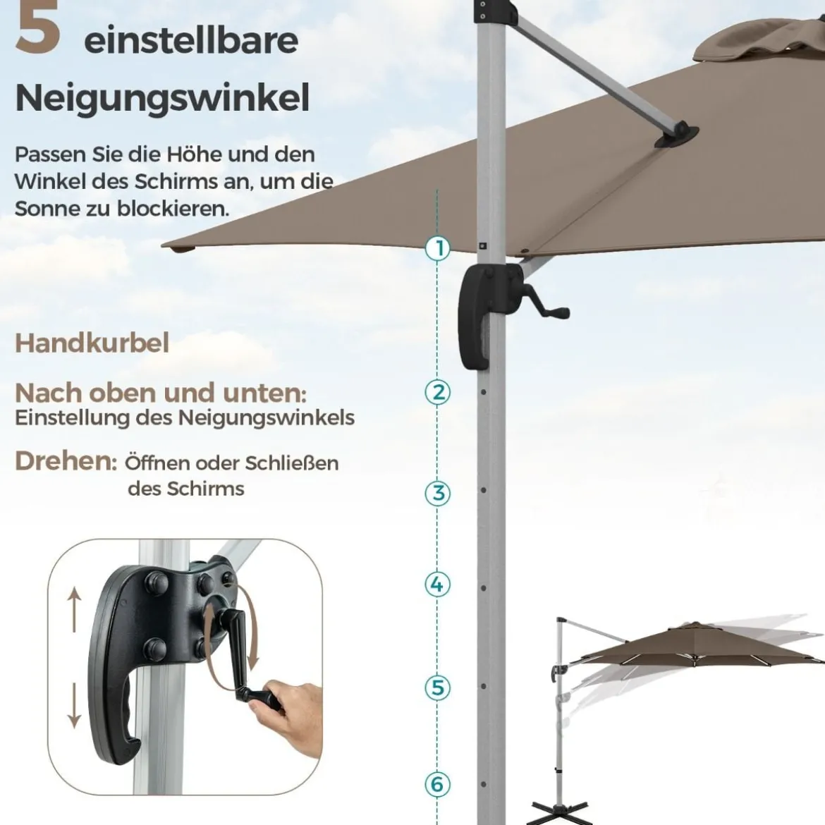 Ø 330 cm Sonnenschirm mit Kurbel & UPF 50+ um 360° Drehbarer Ampelschirm Gartenschirm