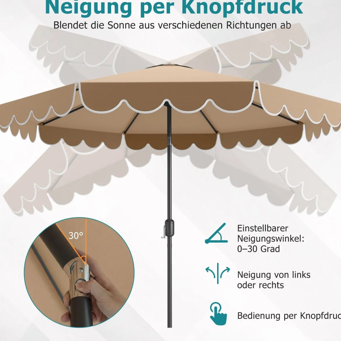 Ø300 cm Sonnenschirm mit Kurbel & Volant Gartenschirm Beidseitig um 30° Knickbar Beige/Braun/Rot