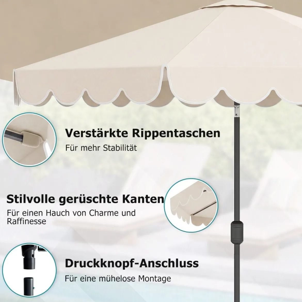 Ø300 cm Sonnenschirm mit Kurbel & Volant Gartenschirm Beidseitig um 30° Knickbar Beige/Braun/Rot