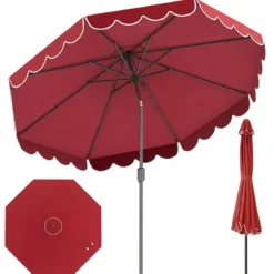 Ø300 cm Sonnenschirm mit Kurbel & Volant Gartenschirm Beidseitig um 30° Knickbar Beige/Braun/Rot