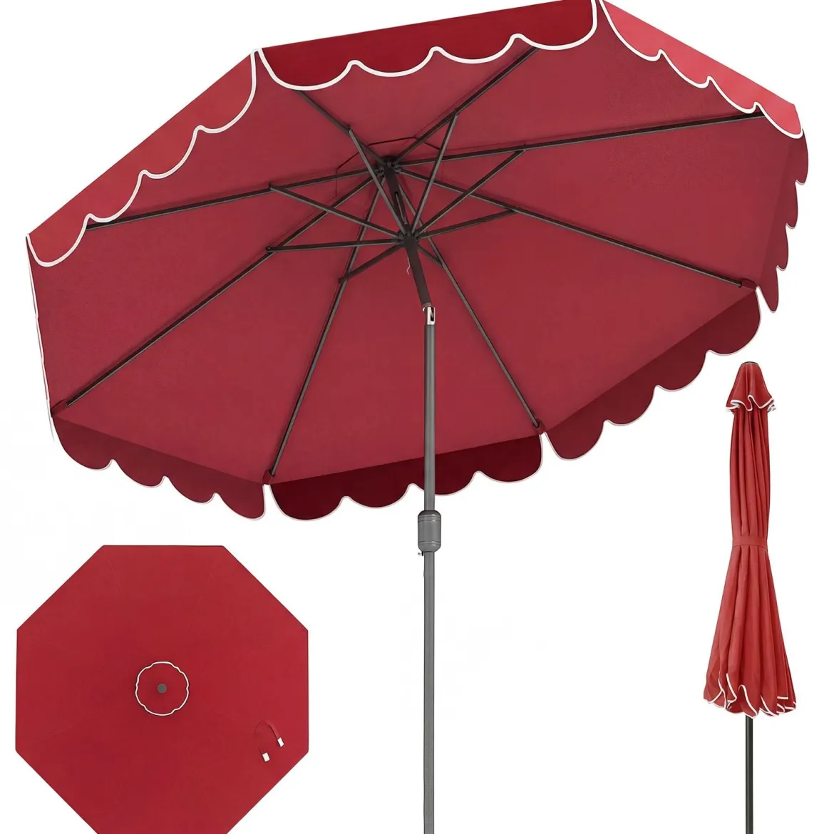 Ø300 cm Sonnenschirm mit Kurbel & Volant Gartenschirm Beidseitig um 30° Knickbar Beige/Braun/Rot