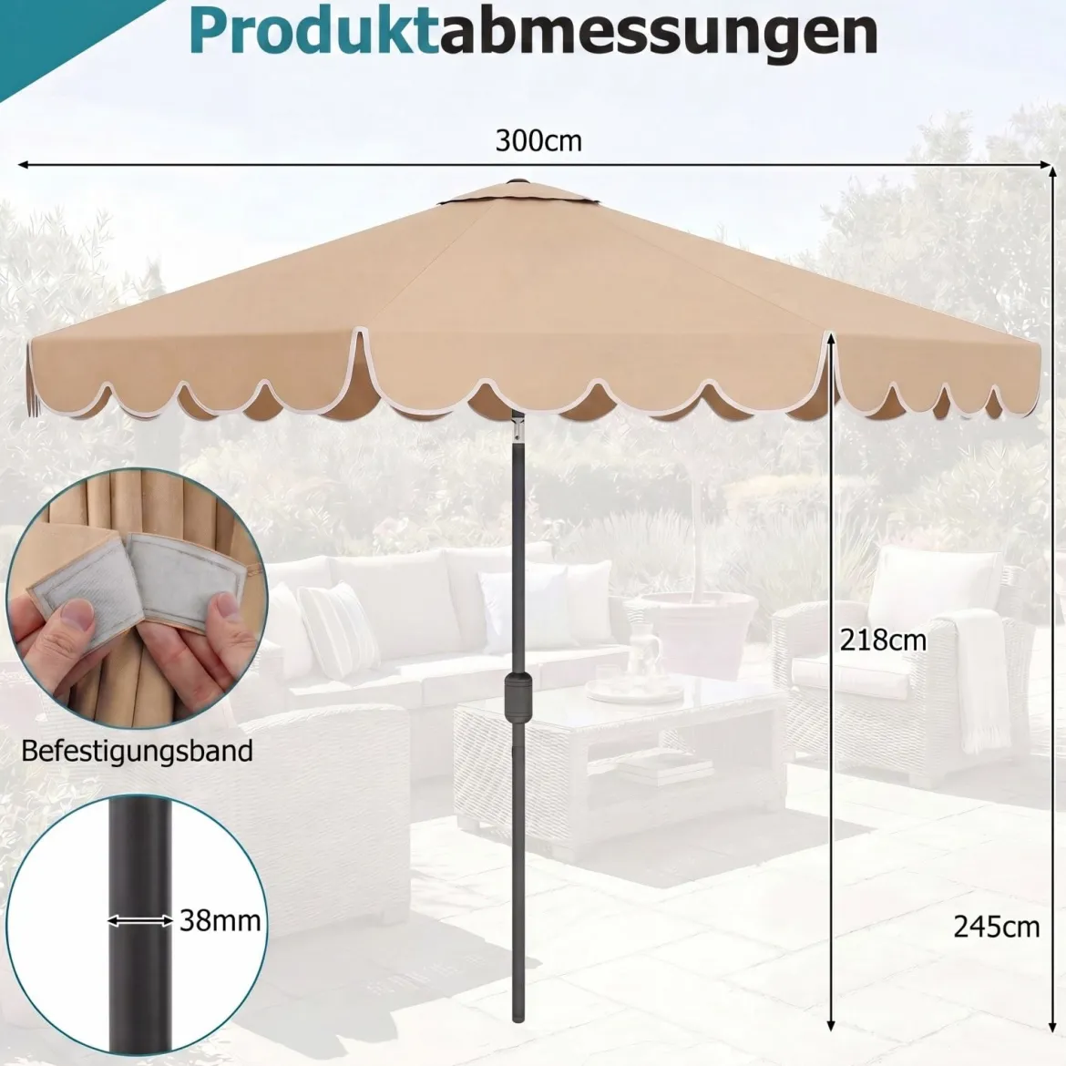 Ø300 cm Sonnenschirm mit Kurbel & Volant Gartenschirm Beidseitig um 30° Knickbar Beige/Braun/Rot