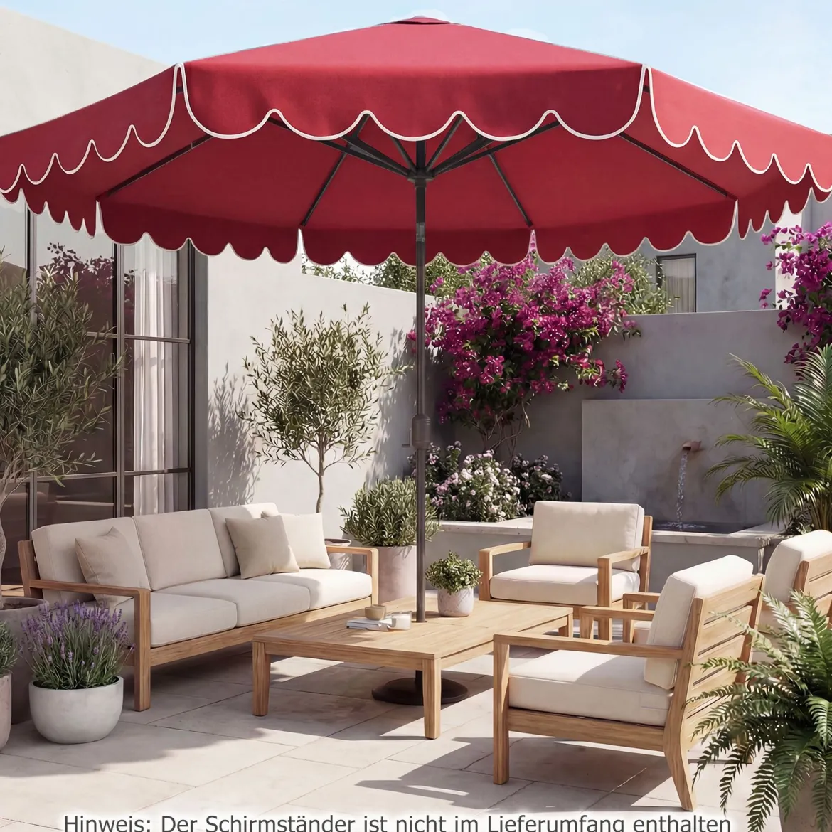 Ø300 cm Sonnenschirm mit Kurbel & Volant Gartenschirm Beidseitig um 30° Knickbar Beige/Braun/Rot
