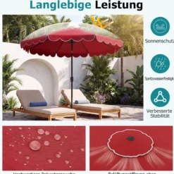 Ø300 cm Sonnenschirm mit Kurbel & Volant Gartenschirm Beidseitig um 30° Knickbar Beige/Braun/Rot