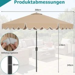 Ø300 cm Sonnenschirm mit Kurbel & Volant Gartenschirm Beidseitig um 30° Knickbar Beige/Braun/Rot