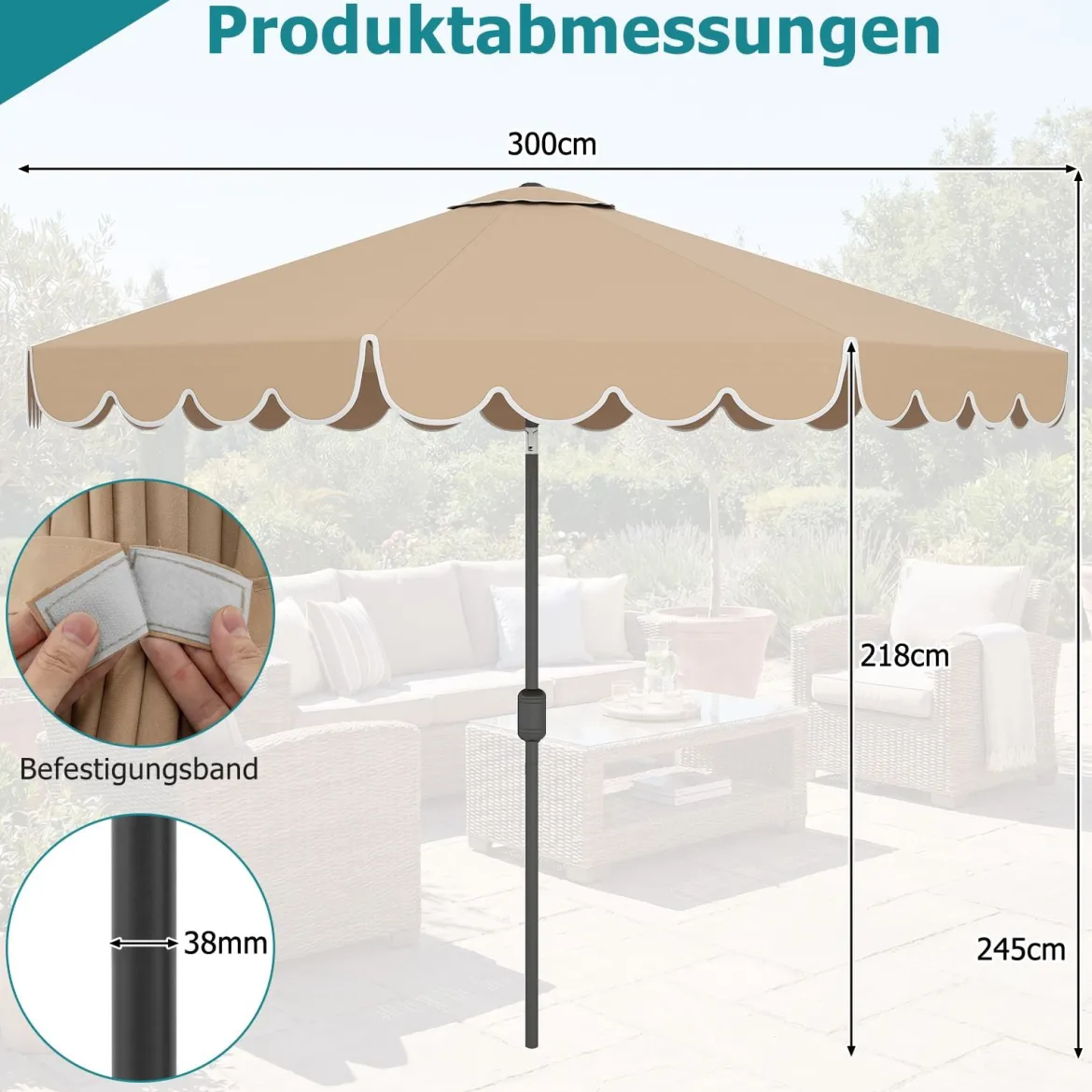 Ø300 cm Sonnenschirm mit Kurbel & Volant Gartenschirm Beidseitig um 30° Knickbar Beige/Braun/Rot