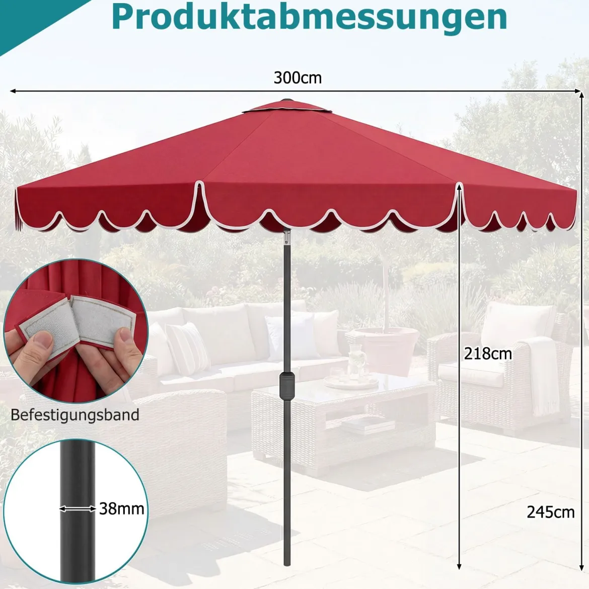 Ø300 cm Sonnenschirm mit Kurbel & Volant Gartenschirm Beidseitig um 30° Knickbar Beige/Braun/Rot
