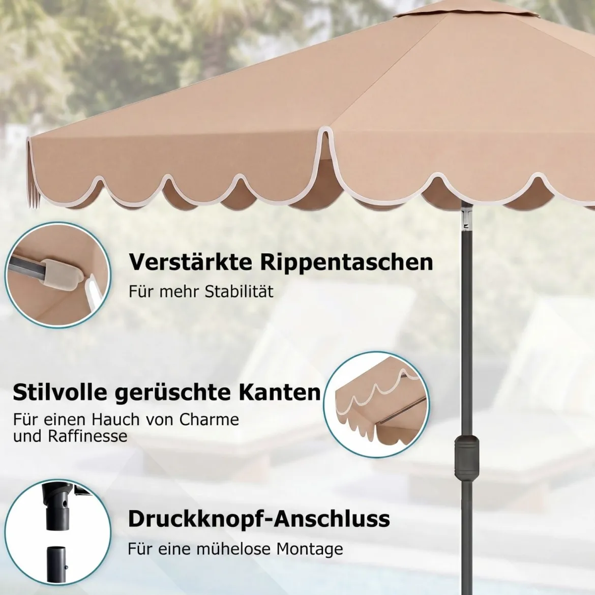 Ø300 cm Sonnenschirm mit Kurbel & Volant Gartenschirm Beidseitig um 30° Knickbar Beige/Braun/Rot