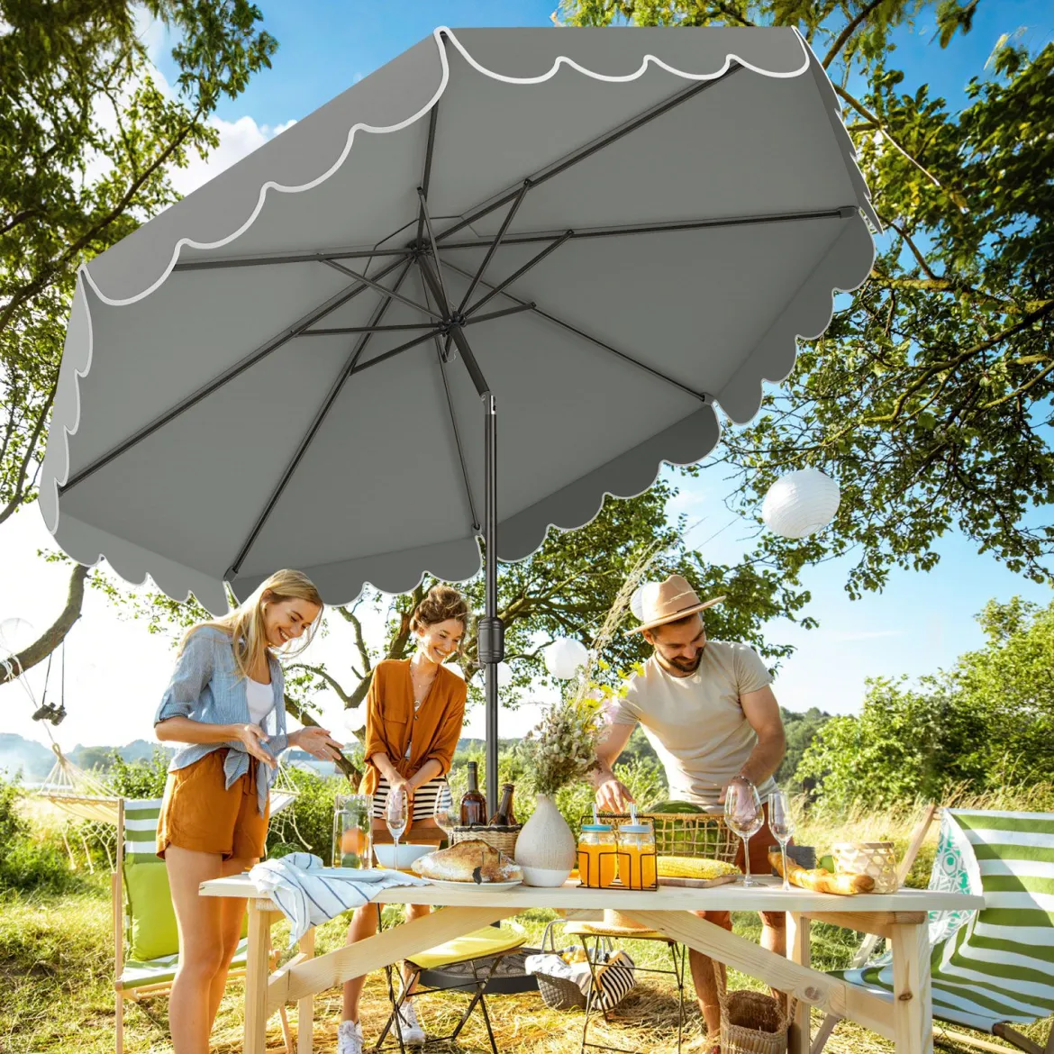 Ø300 cm Sonnenschirm mit Kurbel & Volant Gartenschirm Beidseitig um 30° Knickbar Beige/Braun/Rot