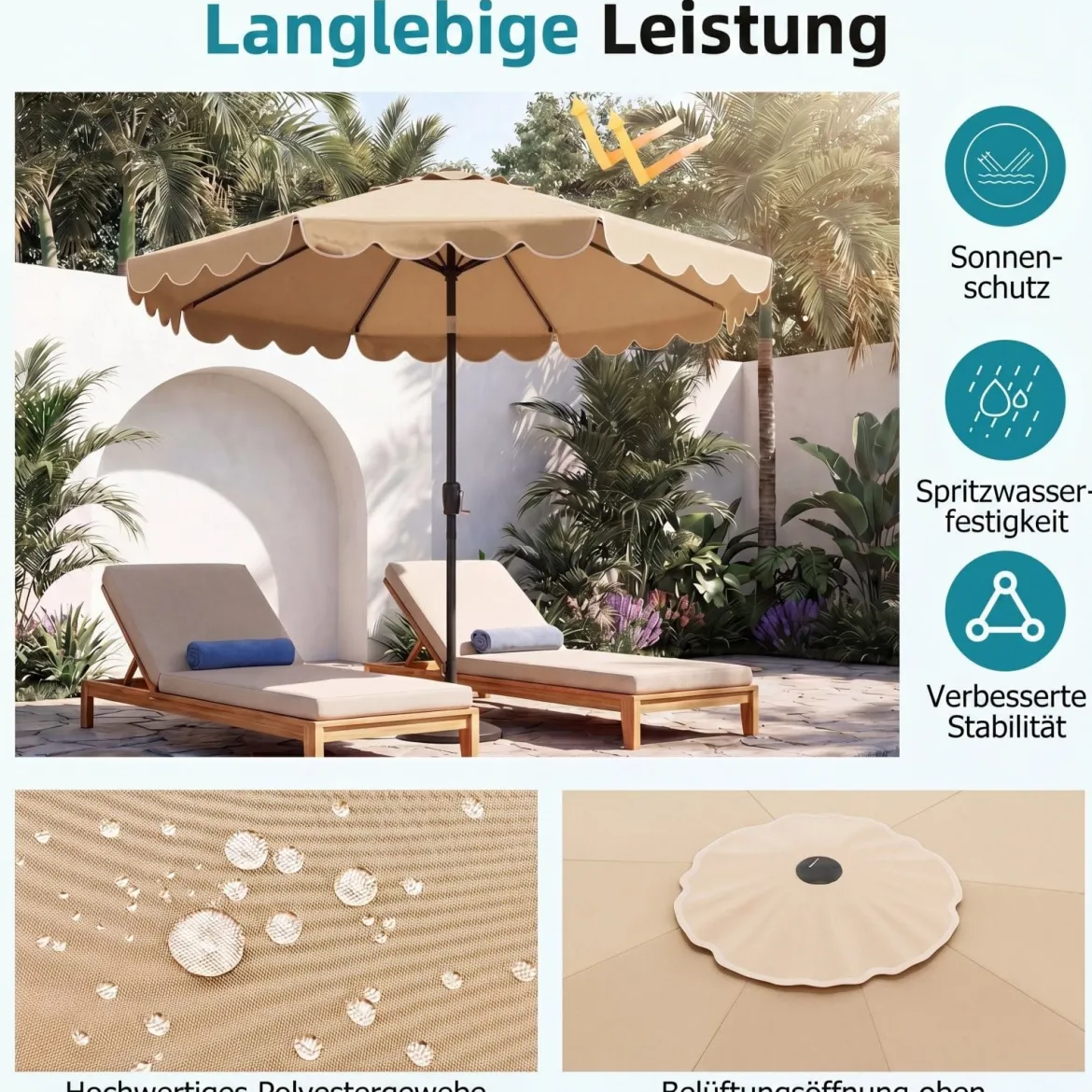 Ø300 cm Sonnenschirm mit Kurbel & Volant Gartenschirm Beidseitig um 30° Knickbar Beige/Braun/Rot