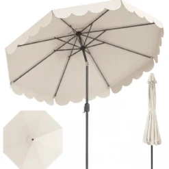 Ø300 cm Sonnenschirm mit Kurbel & Volant Gartenschirm Beidseitig um 30° Knickbar Beige/Braun/Rot
