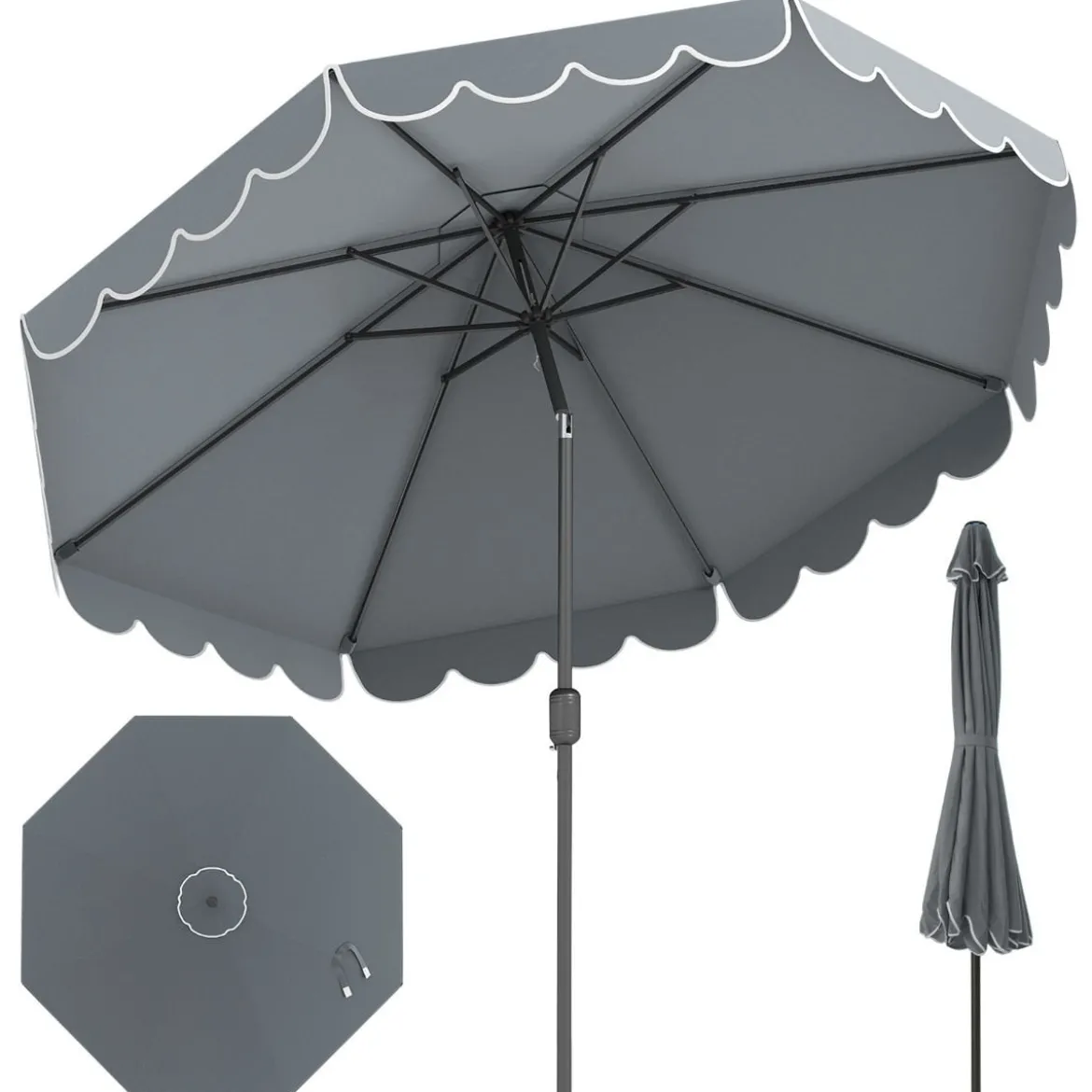 Ø300 cm Sonnenschirm mit Kurbel & Volant Gartenschirm Beidseitig um 30° Knickbar Beige/Braun/Rot