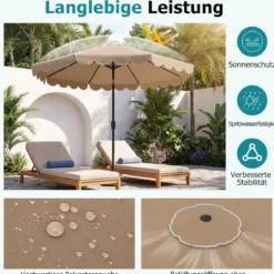 Ø300 cm Sonnenschirm mit Kurbel & Volant Gartenschirm Beidseitig um 30° Knickbar Beige/Braun/Rot