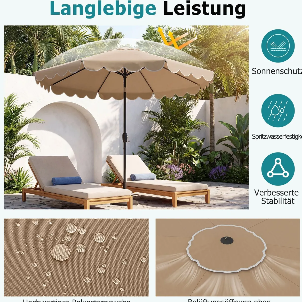 Ø300 cm Sonnenschirm mit Kurbel & Volant Gartenschirm Beidseitig um 30° Knickbar Beige/Braun/Rot