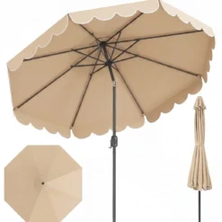 Ø300 cm Sonnenschirm mit Kurbel & Volant Gartenschirm Beidseitig um 30° Knickbar Beige/Braun/Rot