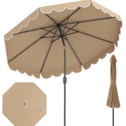 Ø300 cm Sonnenschirm mit Kurbel & Volant Gartenschirm Beidseitig um 30° Knickbar Beige/Braun/Rot