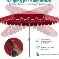 Ø300 cm Sonnenschirm mit Kurbel & Volant Gartenschirm Beidseitig um 30° Knickbar Beige/Braun/Rot