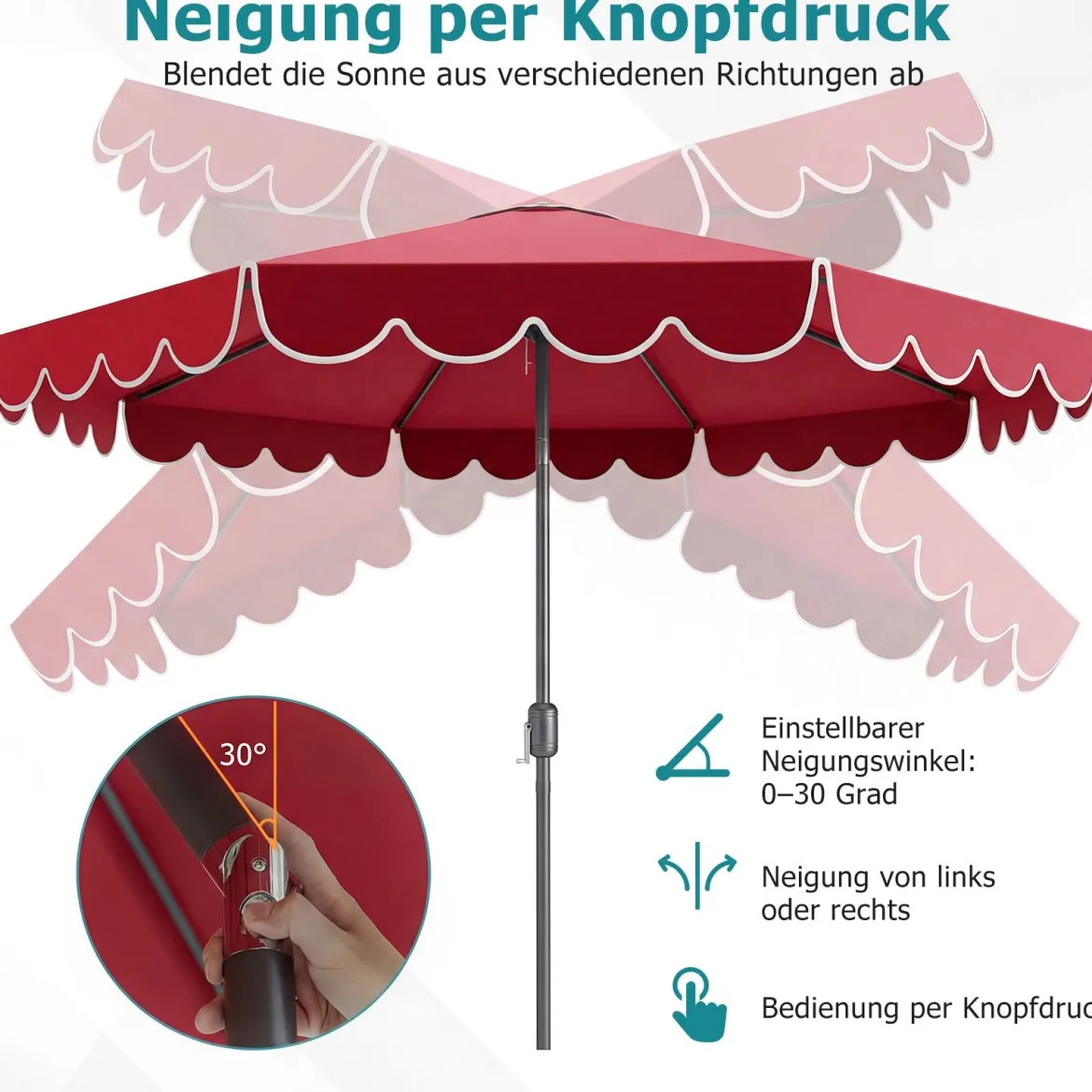 Ø300 cm Sonnenschirm mit Kurbel & Volant Gartenschirm Beidseitig um 30° Knickbar Beige/Braun/Rot
