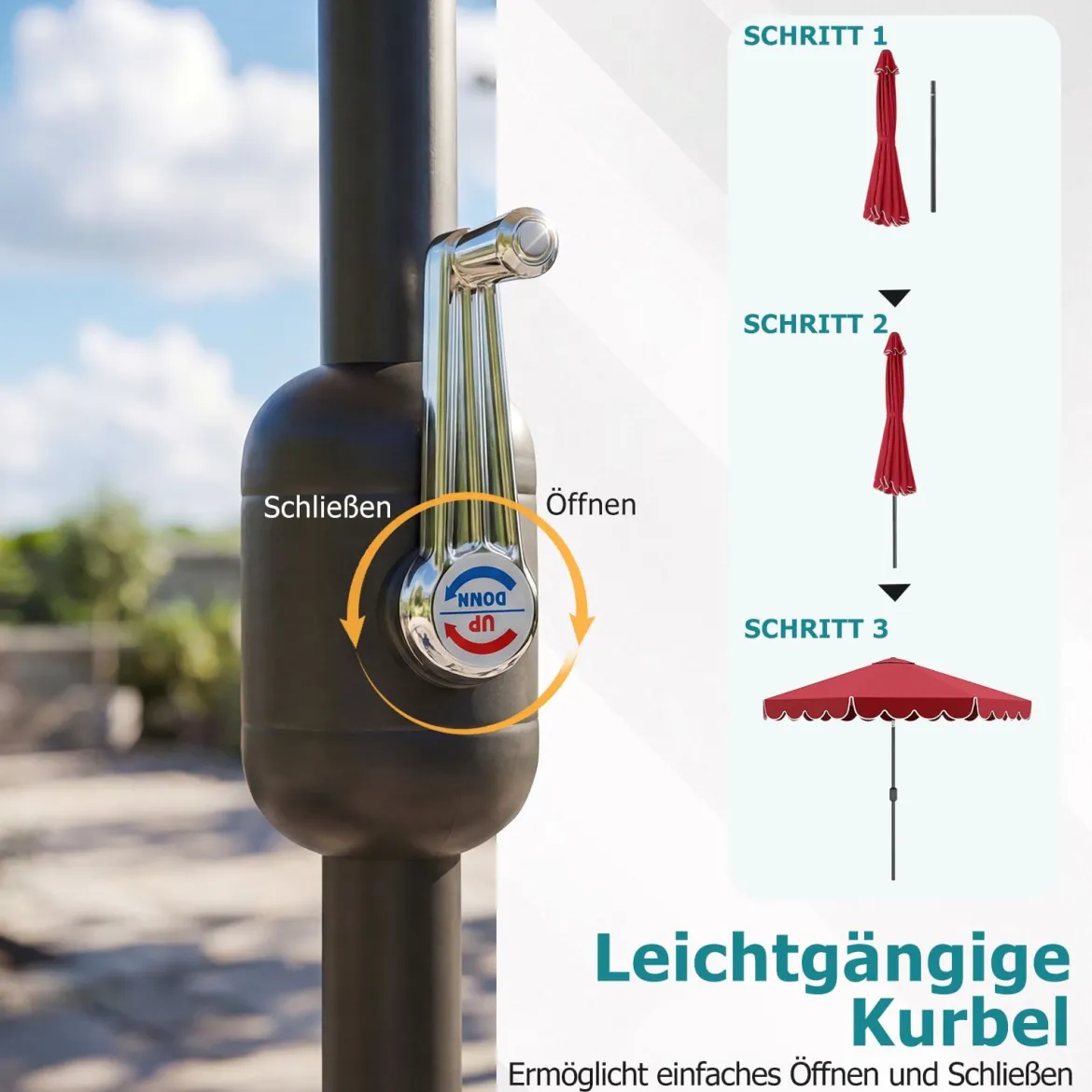 Ø300 cm Sonnenschirm mit Kurbel & Volant Gartenschirm Beidseitig um 30° Knickbar Beige/Braun/Rot