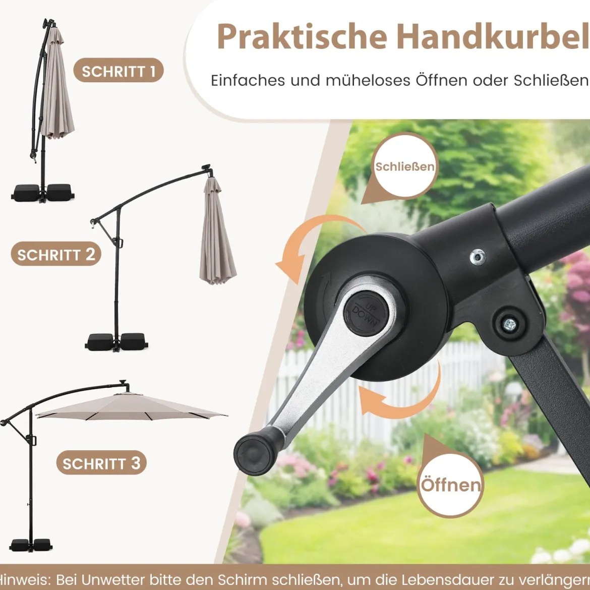 300 cm Sonnenschirm mit LED-Beleuchtung 9 Modi Ampelschirm mit Sandsäcken & Kurbel Neigungswinkel verstellbar Beige