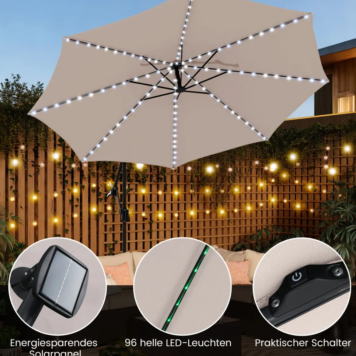 300 cm Sonnenschirm mit LED-Beleuchtung 9 Modi Ampelschirm mit Sandsäcken & Kurbel Neigungswinkel verstellbar Beige