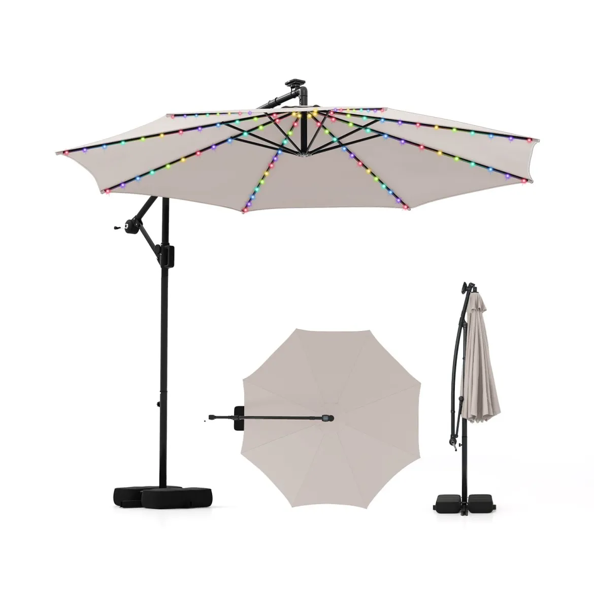 300 cm Sonnenschirm mit LED-Beleuchtung 9 Modi Ampelschirm mit Sandsäcken & Kurbel Neigungswinkel verstellbar Beige