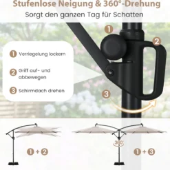 300 cm Sonnenschirm mit LED-Beleuchtung 9 Modi Ampelschirm mit Sandsäcken & Kurbel Neigungswinkel verstellbar Beige