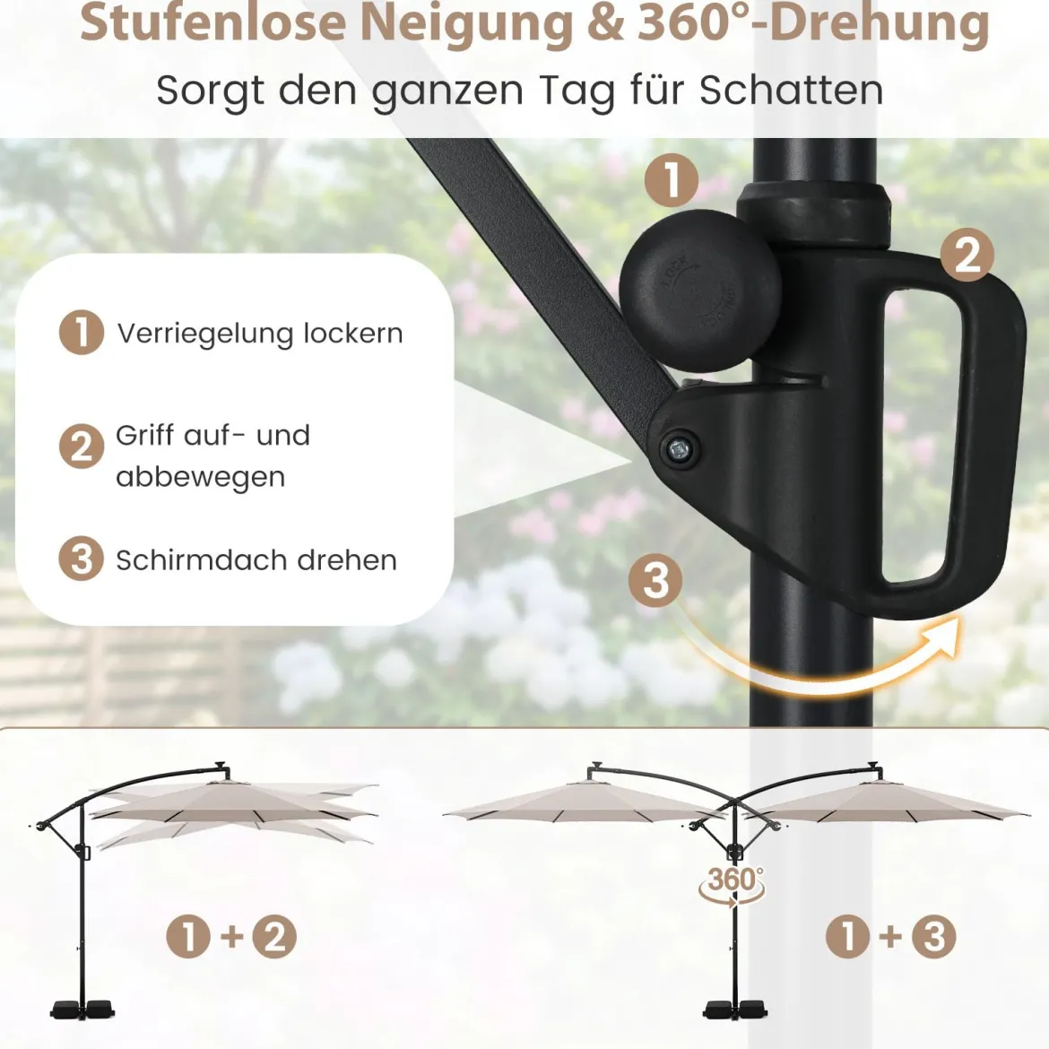 300 cm Sonnenschirm mit LED-Beleuchtung 9 Modi Ampelschirm mit Sandsäcken & Kurbel Neigungswinkel verstellbar Beige