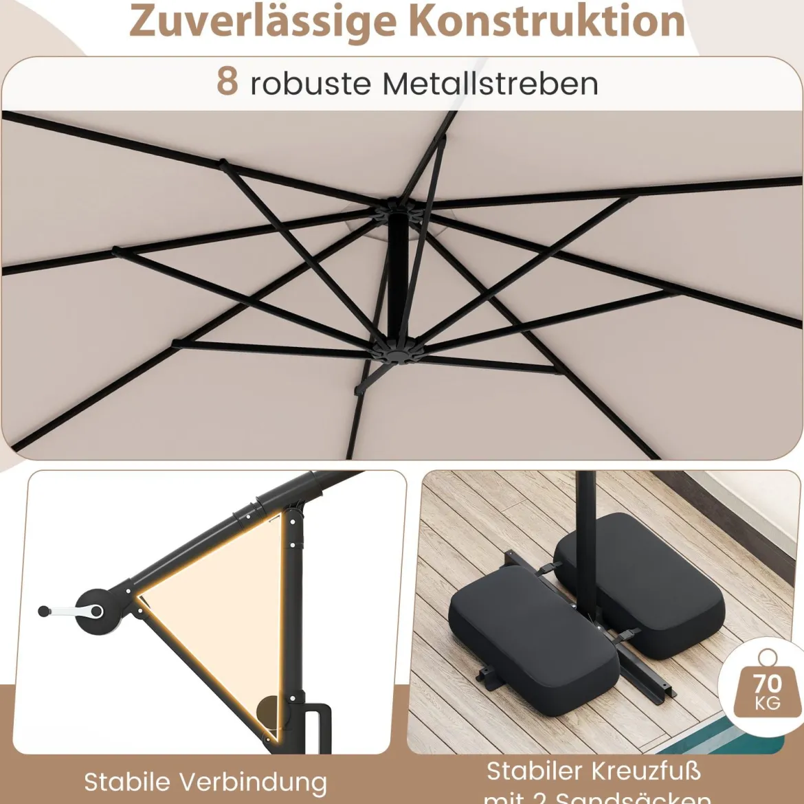 300 cm Sonnenschirm mit LED-Beleuchtung 9 Modi Ampelschirm mit Sandsäcken & Kurbel Neigungswinkel verstellbar Beige