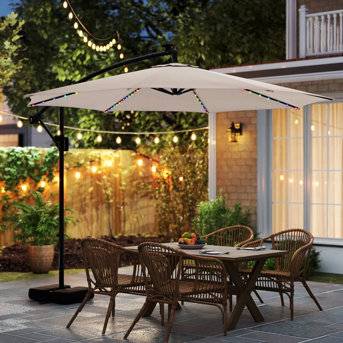 300 cm Sonnenschirm mit LED-Beleuchtung 9 Modi Ampelschirm mit Sandsäcken & Kurbel Neigungswinkel verstellbar Beige