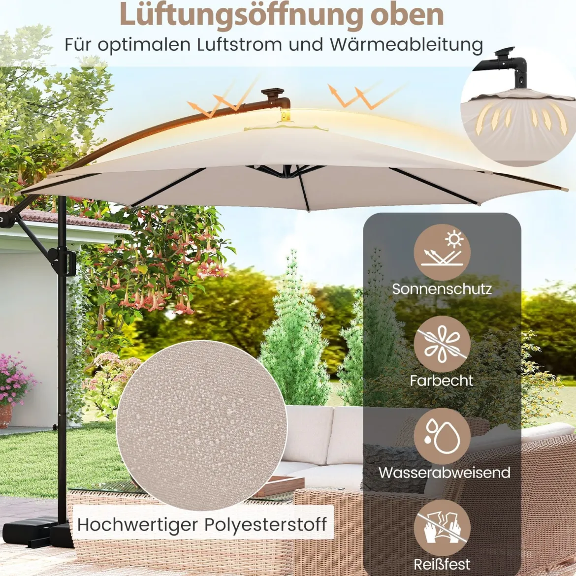 300 cm Sonnenschirm mit LED-Beleuchtung 9 Modi Ampelschirm mit Sandsäcken & Kurbel Neigungswinkel verstellbar Beige